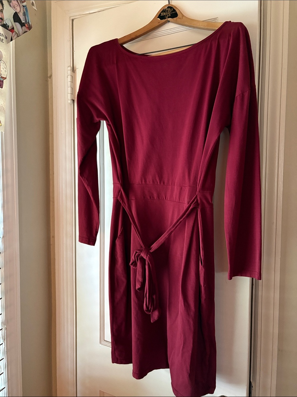 Pretty Garden Women's Long Sleeve Burgundy Tie-Waist Dress with Pockets